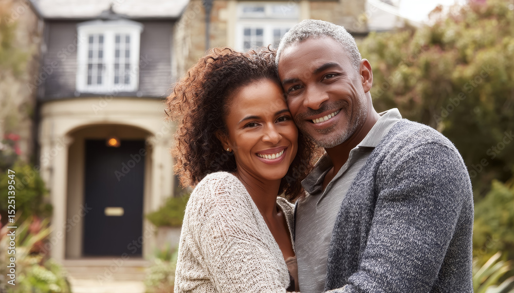 Naklejka premium Couple embracing in front of new home family neighborhood lifestyle