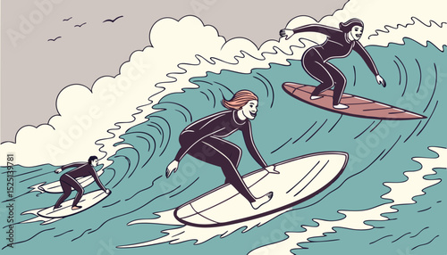 Group of People Riding Surfboards on Top of a Wave    