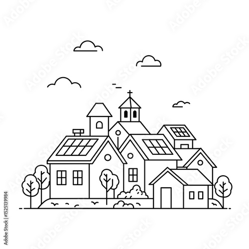Line art illustration of eco-friendly village with solar panels