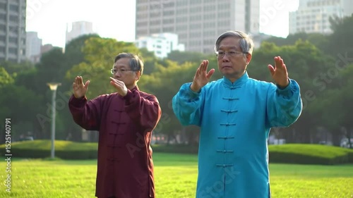 Two Men Practice Tai Chi in a Park Surrounded by Tall Buildings During Morning Sunlight for Health and Relaxation
