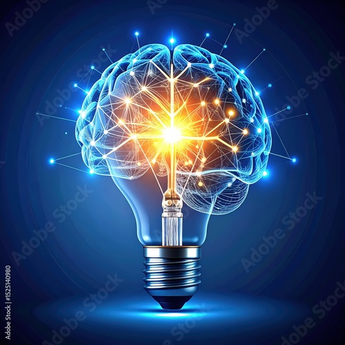 AI Brain Connected to Glowing Idea Bulb, Generated image