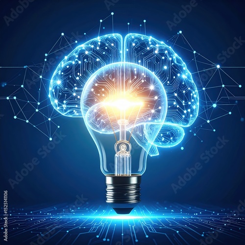 AI Brain Connected to Glowing Idea Bulb, Generated image