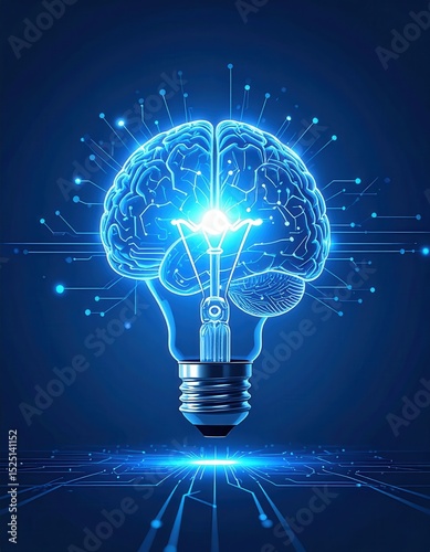 AI Brain Connected to Glowing Idea Bulb, Generated image