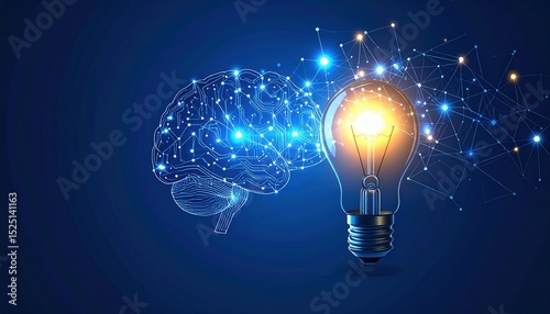 AI Brain Connected to Glowing Idea Bulb, Generated image