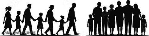 Family silhouettes walking, standing together, mother, father, children, unity concept, black outline, happy people, generational group, parenting symbol, bonding