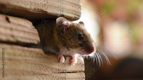 Rodent Mouse Rat Peeking From Wooden Structure in Natural Setting During Daylight Hours