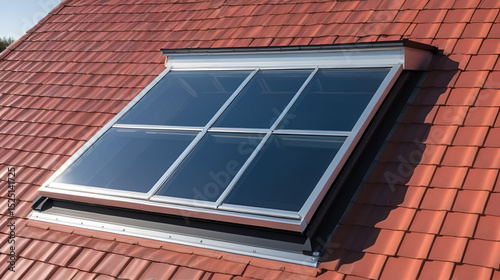 Shed dormer loft with glass wall on red tiled roof.
