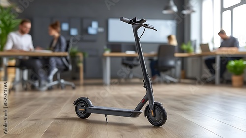 Modern office with e-scooter for sustainable commute and collaboration setup
