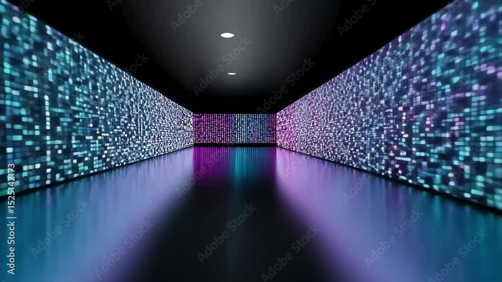 Dark digital corridor with glowing data walls and colorful light reflection on floor. Futuristic virtual tunnel for technology. Footage.