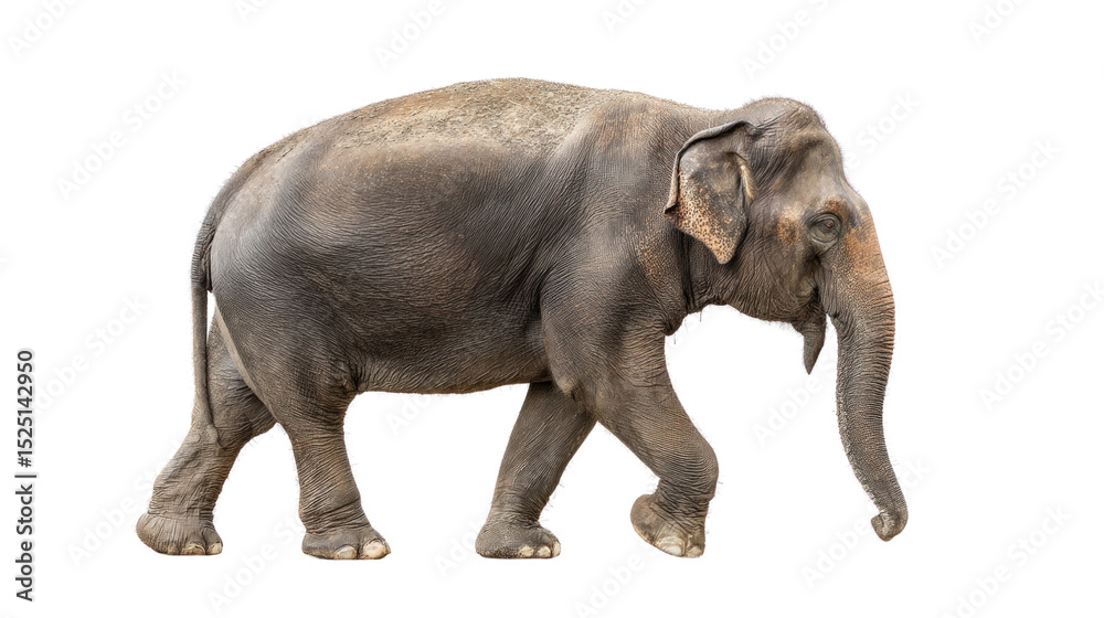 Fototapeta premium Majestic Elephant: A full-body, photorealistic view of a solitary elephant walking across a neutral setting. This image captures the grace and imposing scale of this magnificent creature.