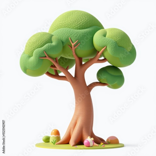 Whimsical Cartoon Tree with Colorful Eggs in Bright Style