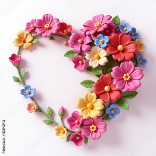 Colorful Floral Heart Shape with Vibrant Flowers and Green Leaves