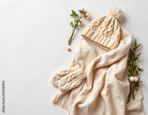 Cozy Soft Cotton Blanket With Knit Hat And Mittens On White Background