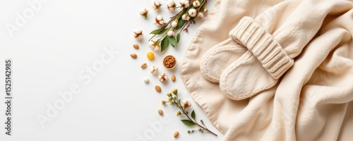 Soft Cotton Blanket and Hat with Natural Elements Altogether