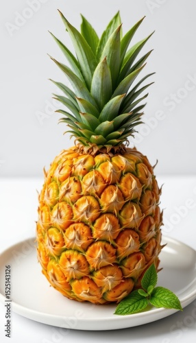 Sliced Pineapple with Fresh Mint on White Plate for Healthy Snack