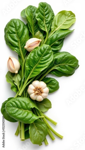 Fresh Spinach Leaves with Garlic Bulb on White Background