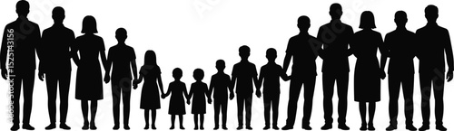 Large family silhouette standing together, generations united, kids and adults, happy family portrait, black outline, unity, bonding, togetherness, illustration