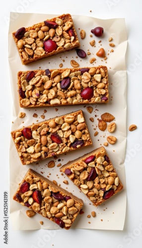 Delicious Granola Bars on Parchment Paper with Nuts and Berries