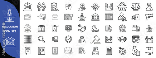 Regulation line editable icon set. Containing rules, authority, conduct, law, guideline, penalty, government, ethics, compliance, procedure, and more. Vector illustration design set 