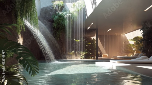 Indoor Oasis: Tranquil Waterfall Poolside Paradise