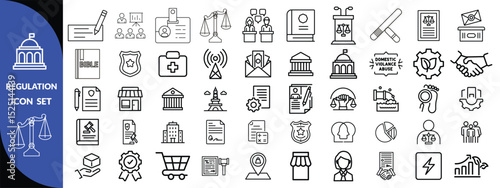 Regulation line editable icon set. Containing rules, authority, conduct, law, guideline, penalty, government, ethics, compliance, procedure, and more. Vector illustration design set 
