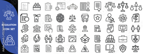 Regulation line editable icon set. Containing rules, authority, conduct, law, guideline, penalty, government, ethics, compliance, procedure, and more. Vector illustration design set 