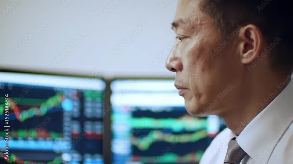 Professional Investor Analyzes Market Trends During Trading Hours in a Modern Office Setting