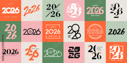 Big Set of 2026 Happy New Year logo text design. 2026 number design template. Collection of 2026 Happy New Year symbols. Vector illustration with labels isolated on colorful background.