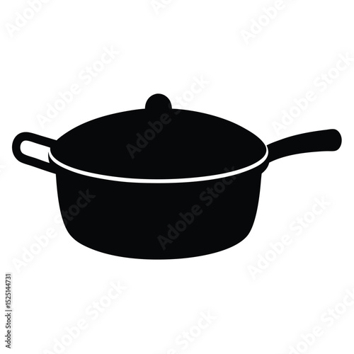 Black and White Silhouette of a Covered Cooking Pan with Handle for Food