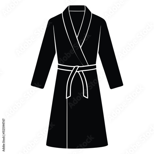 Black Bathrobe Illustration with White Trim and Belt Isolated on White