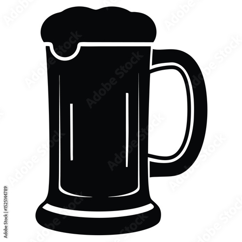 Black Beer Mug with Foam, Illustration of Drink, Beverage Container with Handle