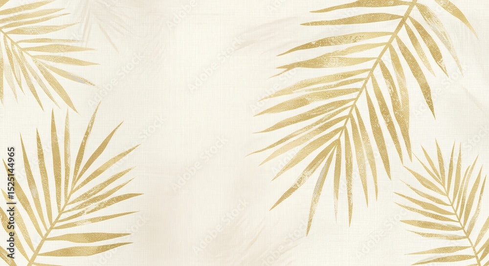 Obraz premium A light, textured background adorned with elegant golden palm leaves in each corner, creating a chic, tropical, and luxurious aesthetic.