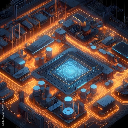 Intricate Isometric Digital Art of a Sci-Fi Computer Chip