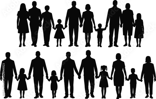 Silhouette of family members holding hands, multigenerational family unity, happy people standing together, parent child bonding, group portrait vector design