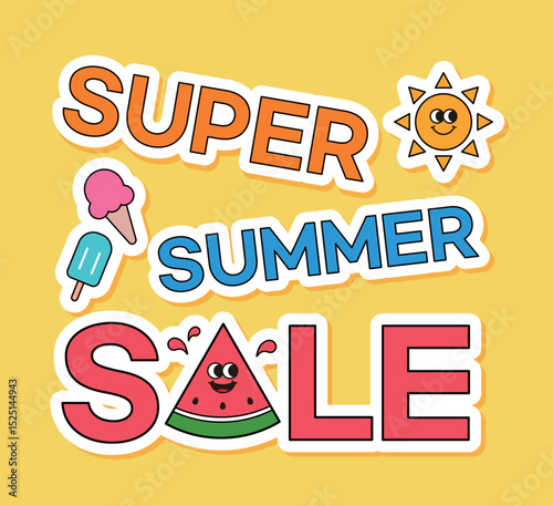 A fun, bright and cheerful summer sale banner design featuring witty typography and illustrations of the sun, ice cream, popsicle and watermelon.