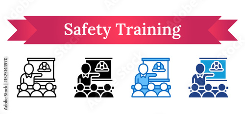 Safety Training Multi Style - Instructor teaching safety with helmet symbol, representing workplace safety education and onboarding
