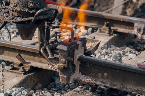 A worker in the process of a railroad track weld repair, reconstruction with a freight train passing