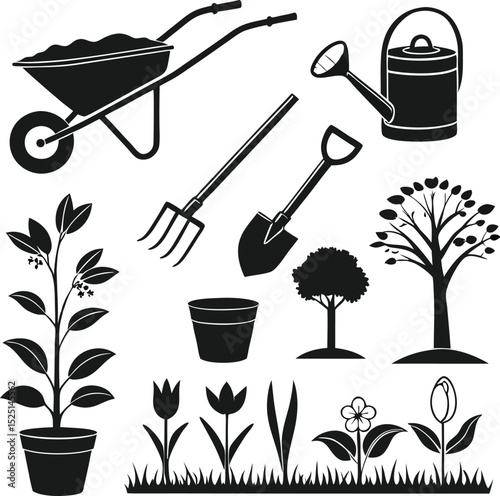 
This image displays a collection of black silhouettes representing various gardening and farming tools, along with plants and a tree
