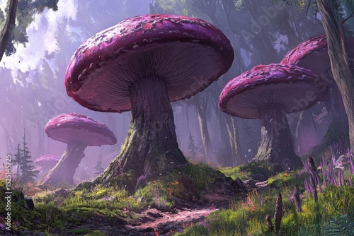 Enchanted Forest with Gigantic Purple Mushrooms