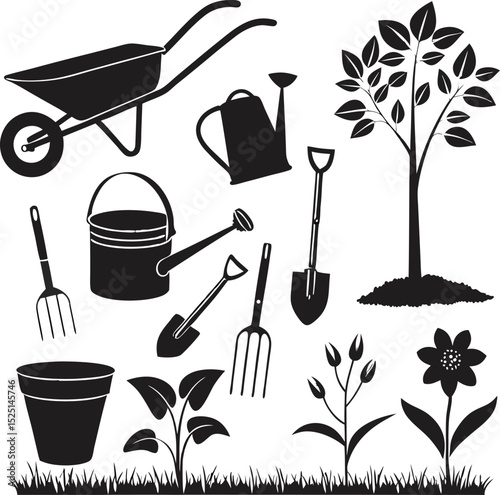 
This image displays a collection of black silhouettes representing various gardening and farming tools, along with plants and a tree