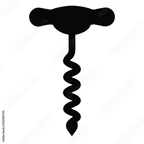 Black Silhouette of Corkscrew Wine Opener with Twisted Spiral Design Against White Background