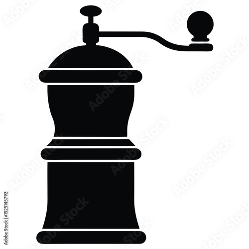 Black Silhouette of Manual Coffee Grinder with Crank on Isolated White Background
