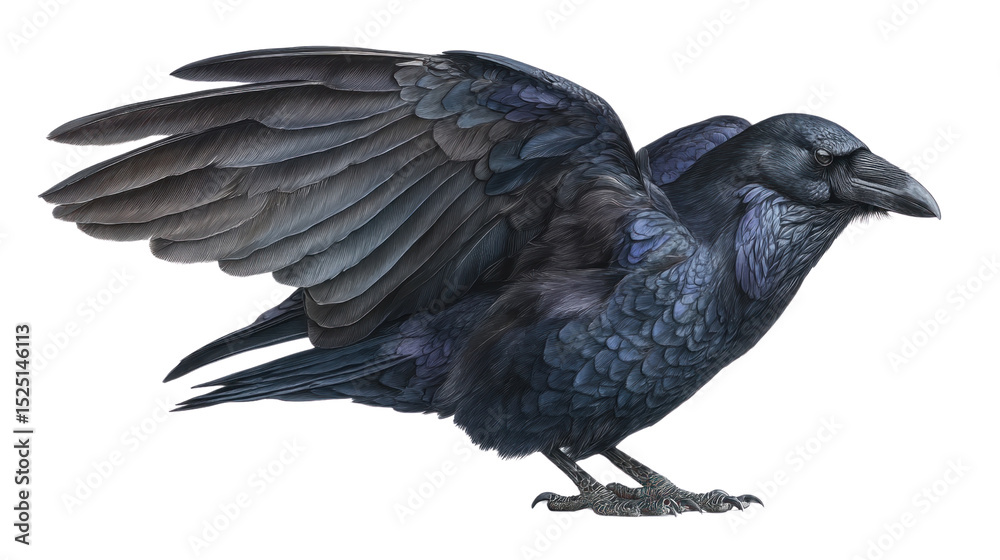 Naklejka premium Majestic Raven in Flight: A stunning illustration showcases a powerful raven in mid-flight, wings outstretched against the sky.