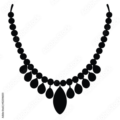Elegant Black Silhouette Necklace with Round Beads and Teardrop Pendants on White Background