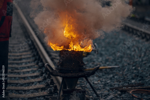A worker in the process of a railroad track weld repair, reconstruction with a freight train passing