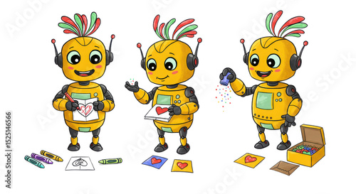 Cute yellow robot making a Valentine's Day card with a heart drawing isolated on white