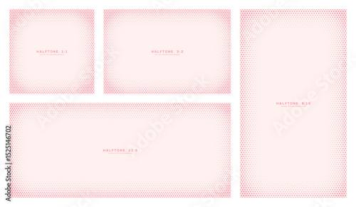 Vector set of soft pink dotted halftone vignette frames. Includes 1:1, 3:2, 21:9, 9:16 formats. Ideal for app UI, posters, presentations, mobile layouts, and stylish modern design. Retro styled design