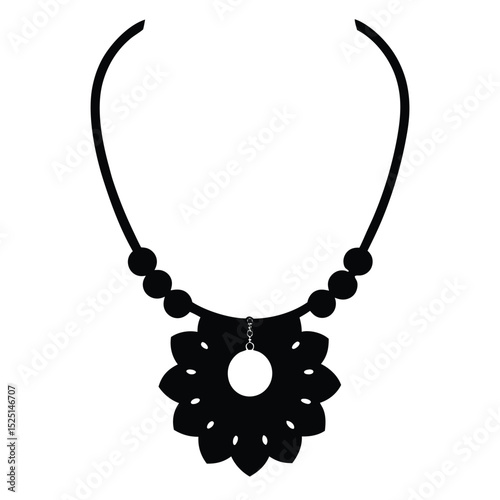 Elegant Floral Pendant Necklace with Beads in Black and White Silhouette