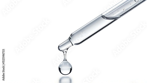Pipette Dripping Transparent Serum Droplet Isolated On White Background Macro, Liquid, Oil Droplet, Pipette tip, Medicine