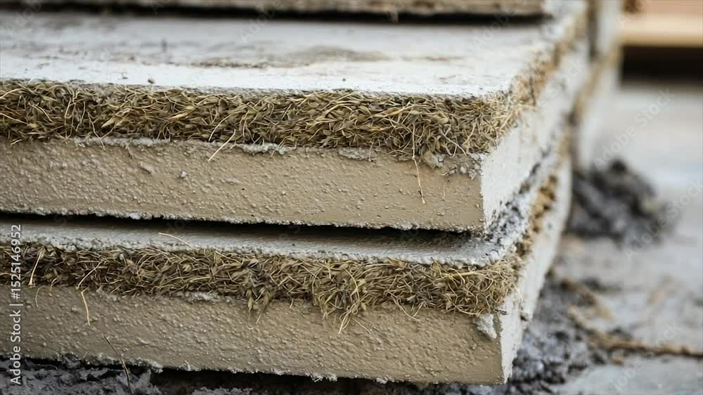 Stacked building panels with visible fiber core